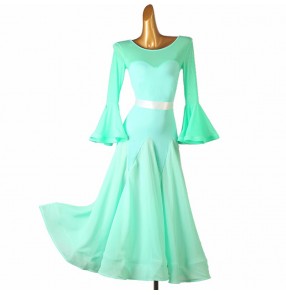Mint ballroom dance dresses for women young girls waltz tango foxtrot dancing long gown for female with ribbon sashes flare sleeves